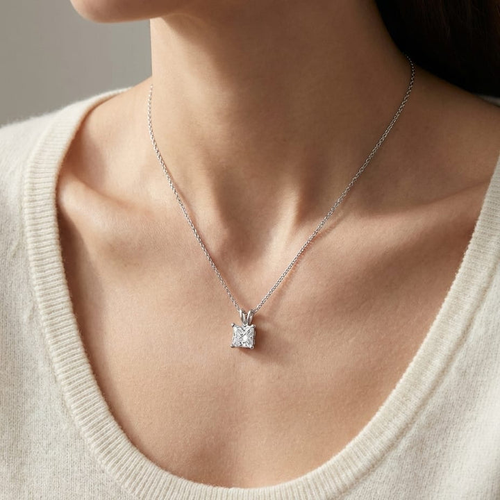 Natural Diamond Princess Cut Solitaire Pendant in Platinum, 2 ct. t.w., worn close-up portrait