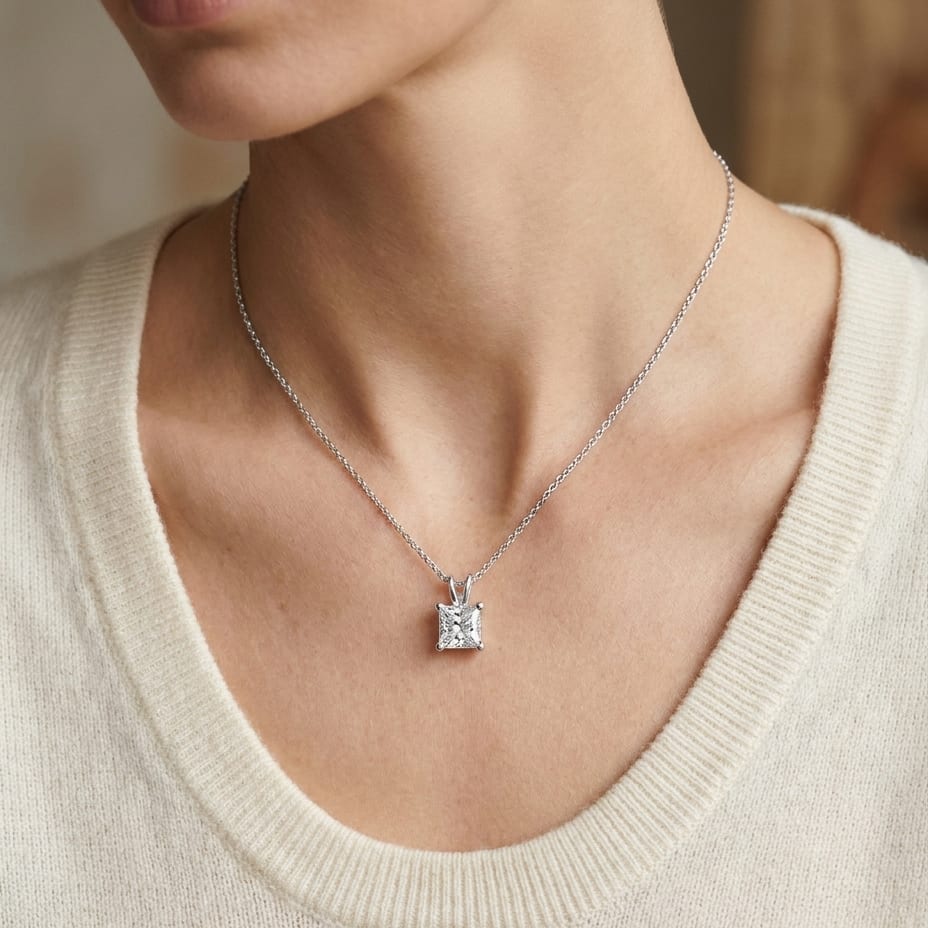 Natural Diamond Princess Cut Solitaire Pendant in Platinum, 3 ct. t.w., worn close-up portrait