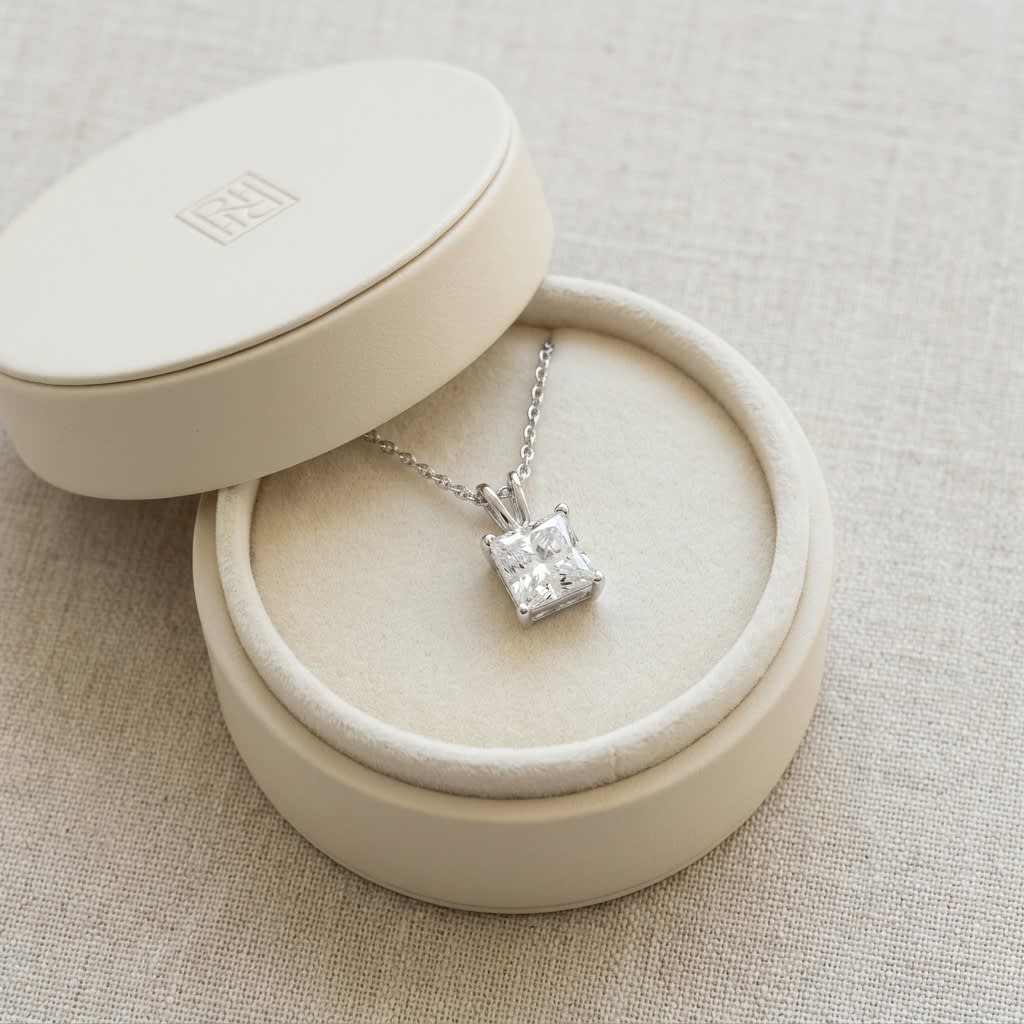 Natural Diamond Princess Cut Solitaire Pendant in Platinum, 3 ct. t.w., in navy velvet jewelry box