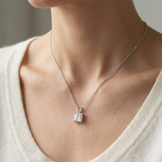 Natural Diamond Princess Cut Solitaire Pendant in Platinum, 4 ct. t.w., worn close-up portrait