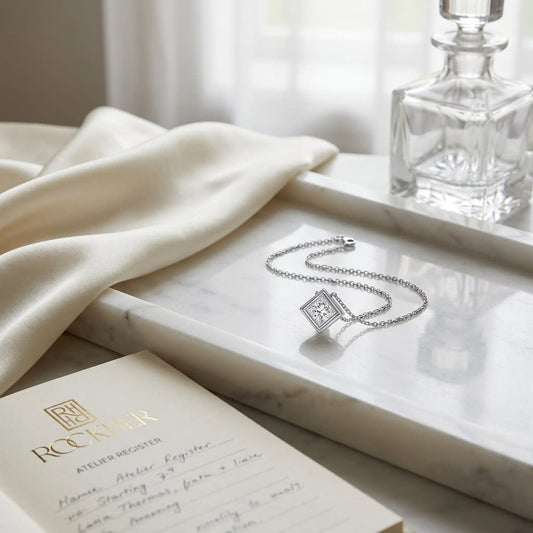 Natural Diamond Princess Cut Solitaire Pendant in Platinum, 8 ct. t.w., on marble vanity tray with silk