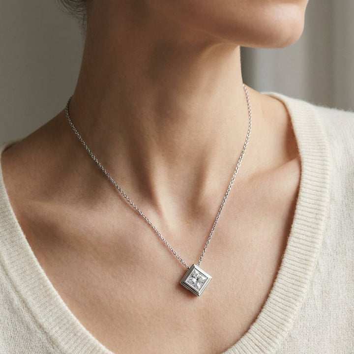 Natural Diamond Princess Cut Solitaire Pendant in Platinum, 8 ct. t.w., worn close-up portrait