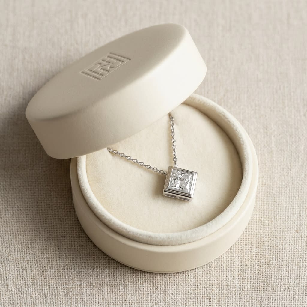 Natural Diamond Princess Cut Solitaire Pendant in Platinum, 8 ct. t.w., in navy velvet jewelry box