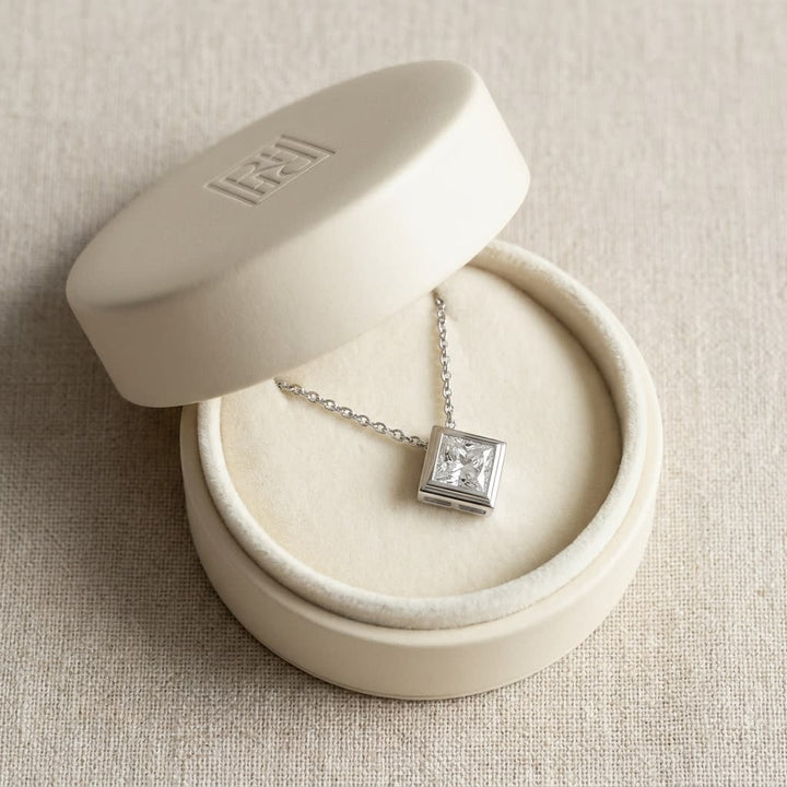 Natural Diamond Princess Cut Solitaire Pendant in Platinum, 8 ct. t.w., in navy velvet jewelry box