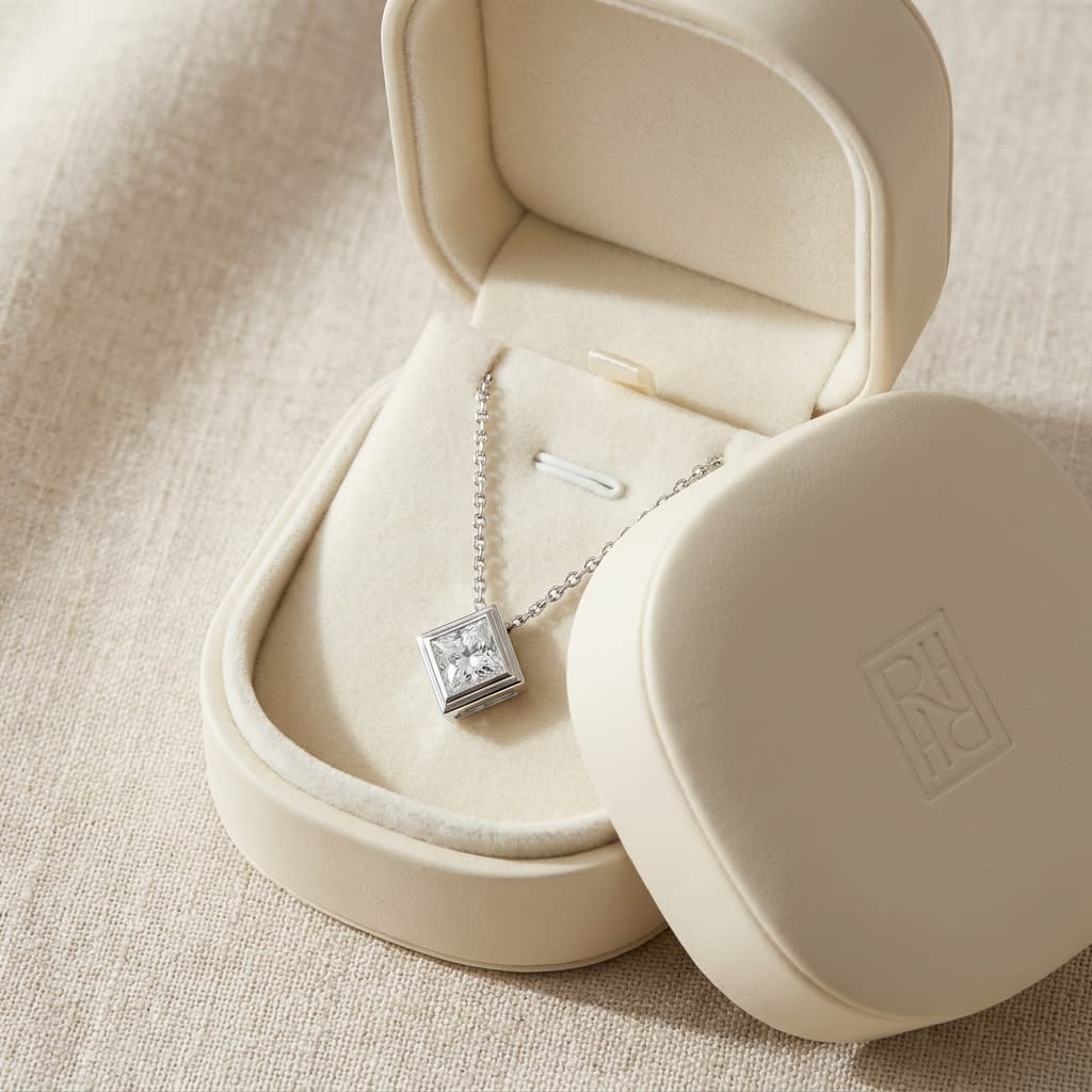 Natural Diamond Princess Cut Solitaire Pendant in Platinum, 4 ct. t.w., in navy velvet jewelry box