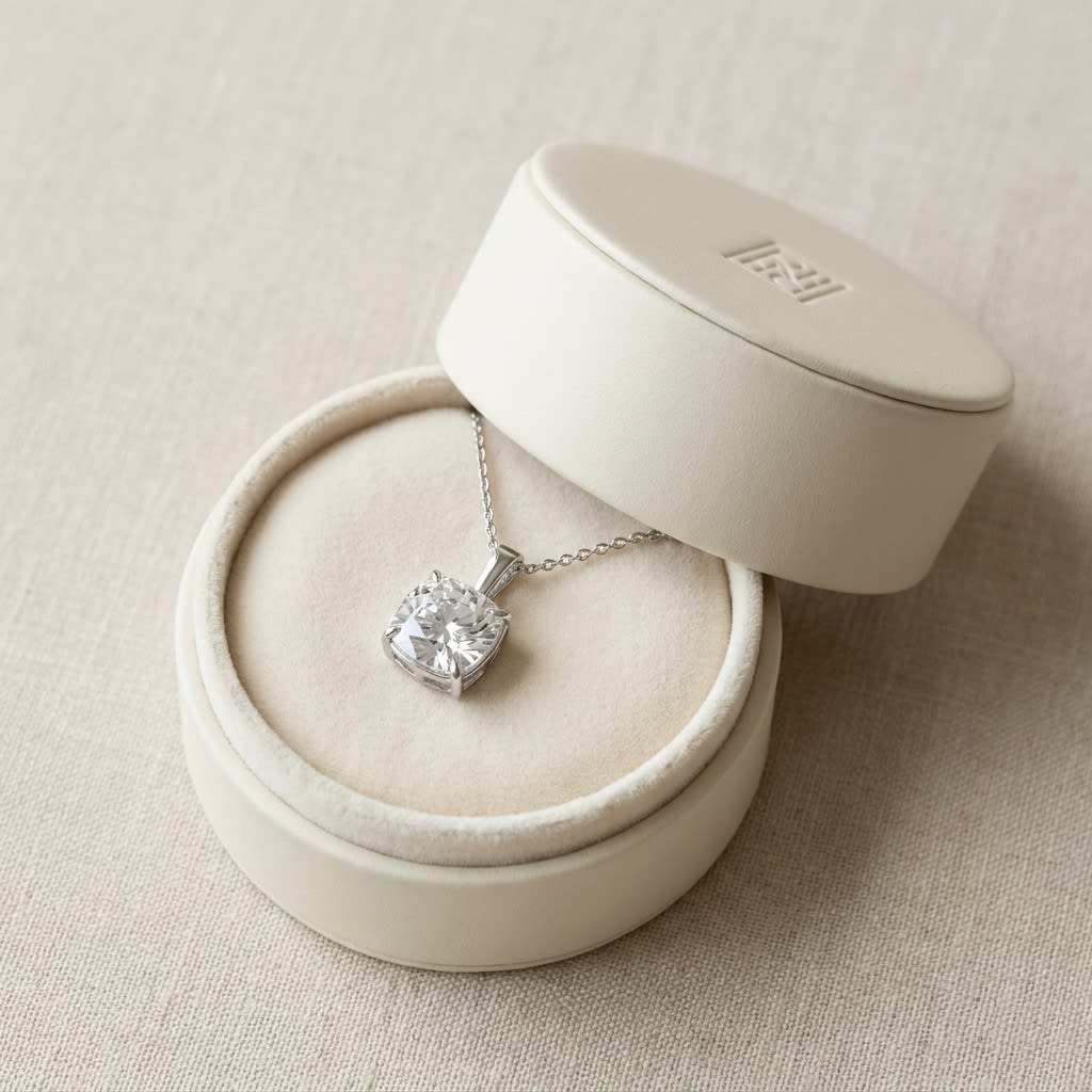 Natural Diamond Cushion Solitaire Pendant in Platinum, 3 ct. t.w., in navy velvet jewelry box