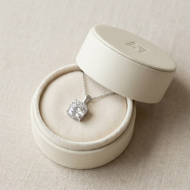 Natural Diamond Cushion Solitaire Pendant in Platinum, 3 ct. t.w., in navy velvet jewelry box