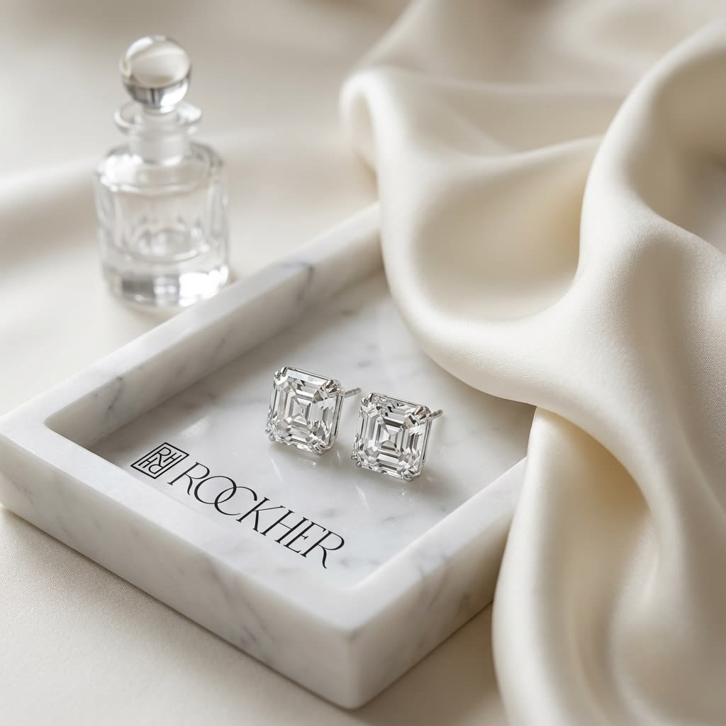 Natural Diamond Asscher Cut Stud Earrings in Platinum, 4 ct. t.w., on marble vanity tray with silk