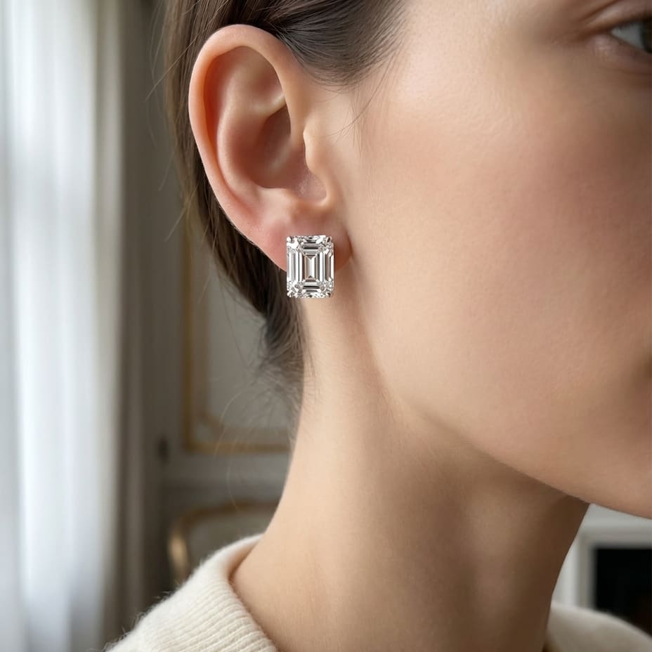 Natural Diamond Asscher Cut Stud Earrings in Platinum, 4 ct. t.w., worn close-up portrait