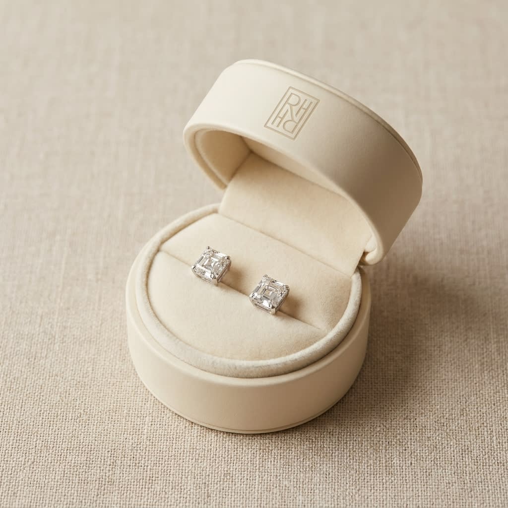 Natural Diamond Asscher Cut Stud Earrings in Platinum, 4 ct. t.w., in navy velvet jewelry box