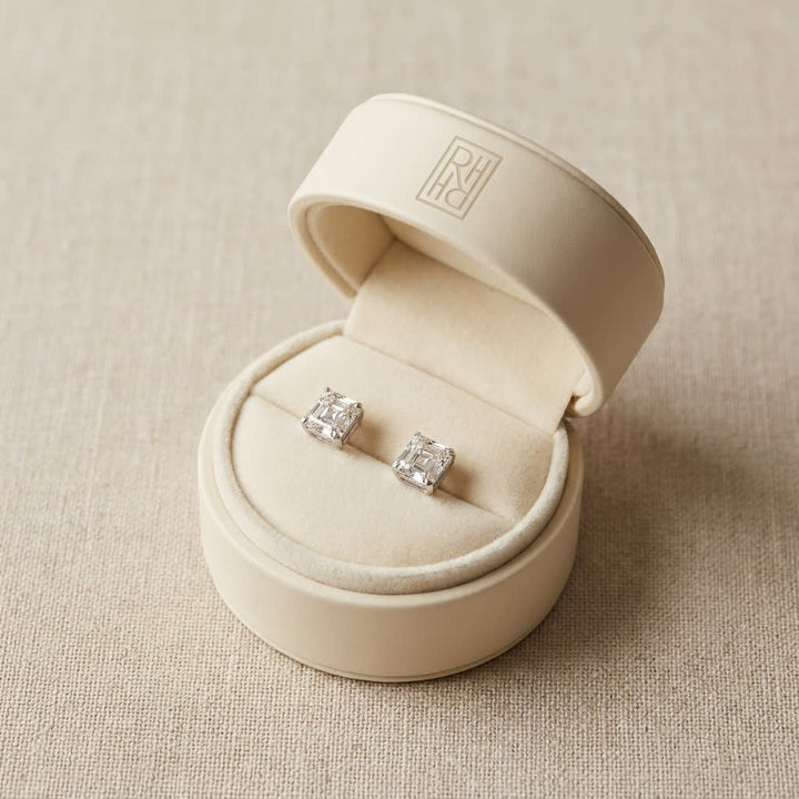 Natural Diamond Asscher Cut Stud Earrings in Platinum, 4 ct. t.w., in navy velvet jewelry box