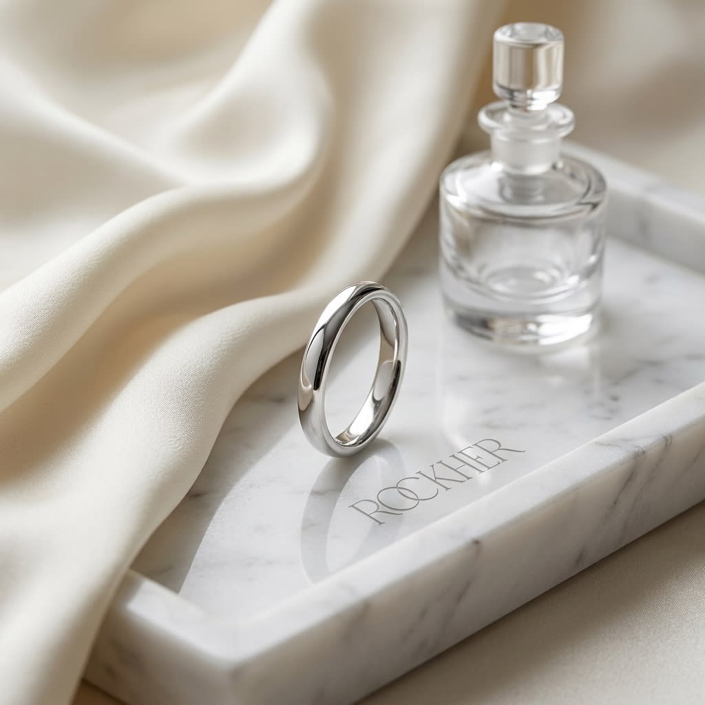 2mm Slightly Domed Traditional Oval Wedding Band in Platinum, on marble vanity tray with silk