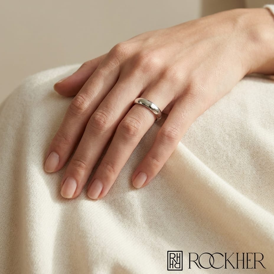 3mm Slightly Domed Traditional Oval Wedding Band in Platinum, worn on hand, full view