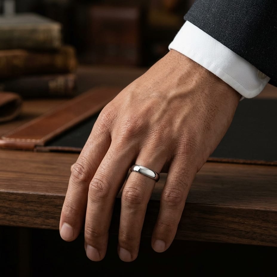 5mm Slightly Domed Traditional Oval Wedding Band in Platinum, worn on hand, masculine full view