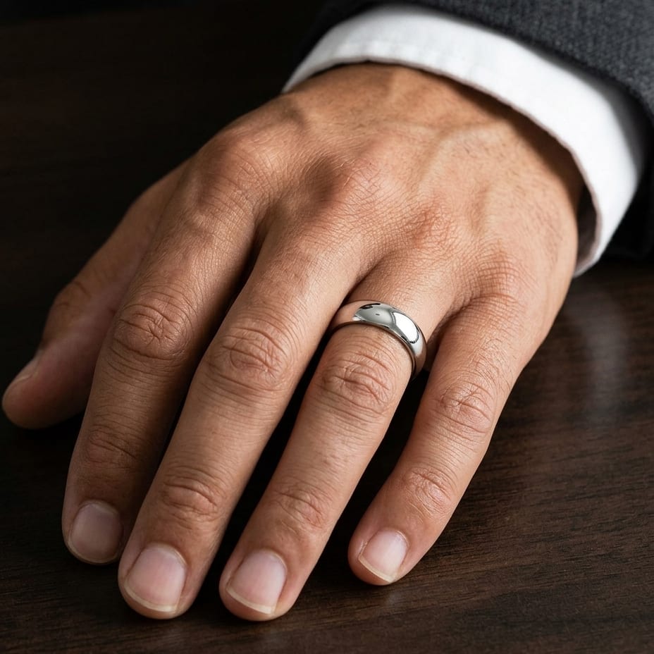 6mm Slightly Domed Traditional Oval Wedding Band in Platinum, worn on hand, masculine close-up