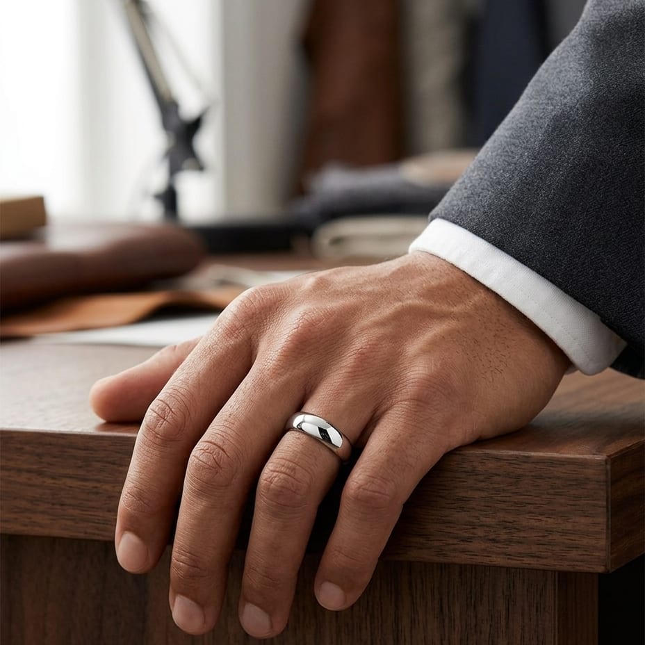 6mm Slightly Domed Traditional Oval Wedding Band in Platinum, worn on hand, masculine full view