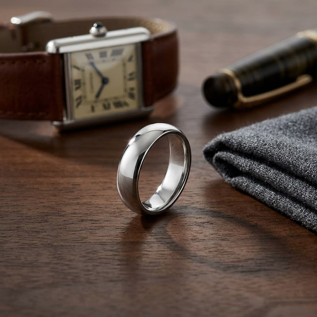 6mm Slightly Domed Traditional Oval Wedding Band in Platinum, on walnut surface with pocket square