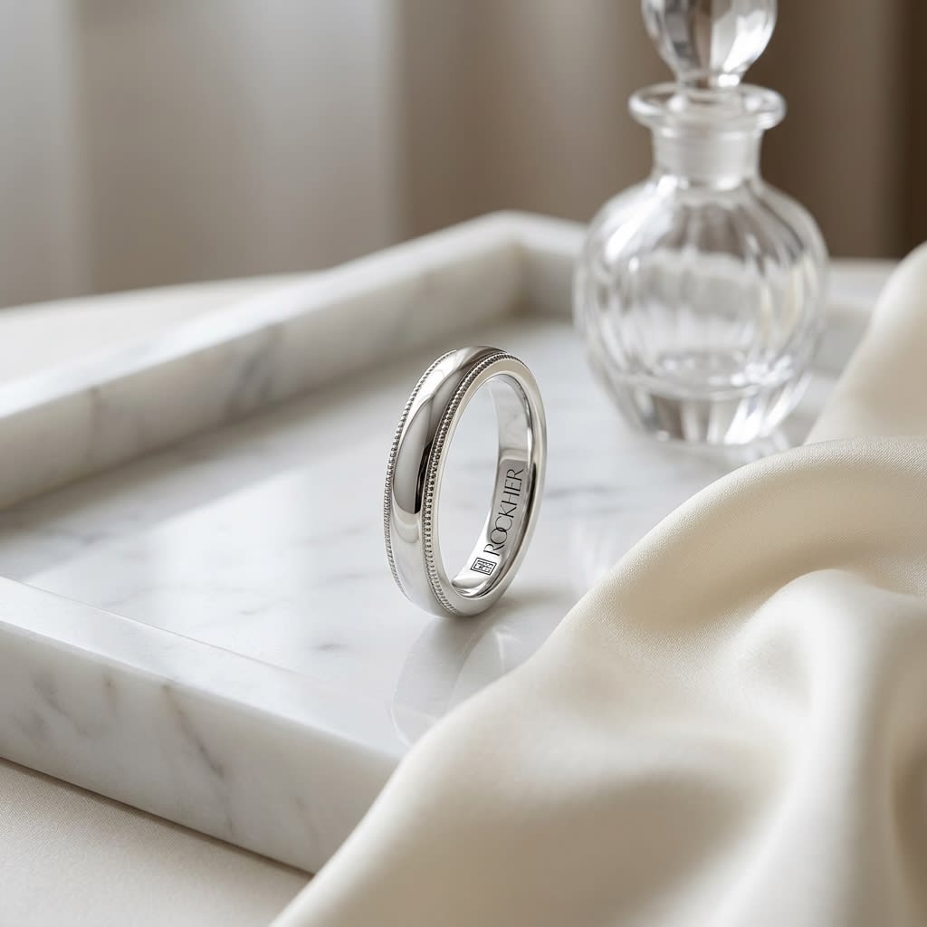4mm Slightly Domed Traditional Oval Milgrain Wedding Band in Platinum, on marble vanity tray with silk