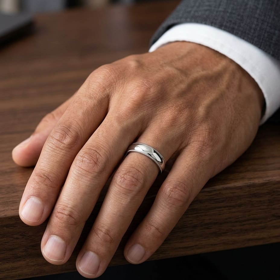5mm Slightly Domed Traditional Oval Milgrain Wedding Band in Platinum, worn on hand, masculine close-up