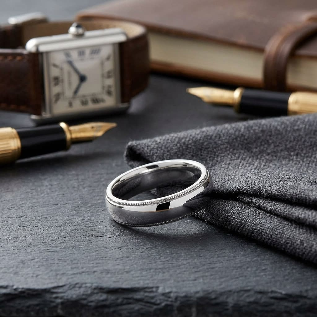 5mm Slightly Domed Traditional Oval Milgrain Wedding Band in Platinum, on walnut surface with pocket square