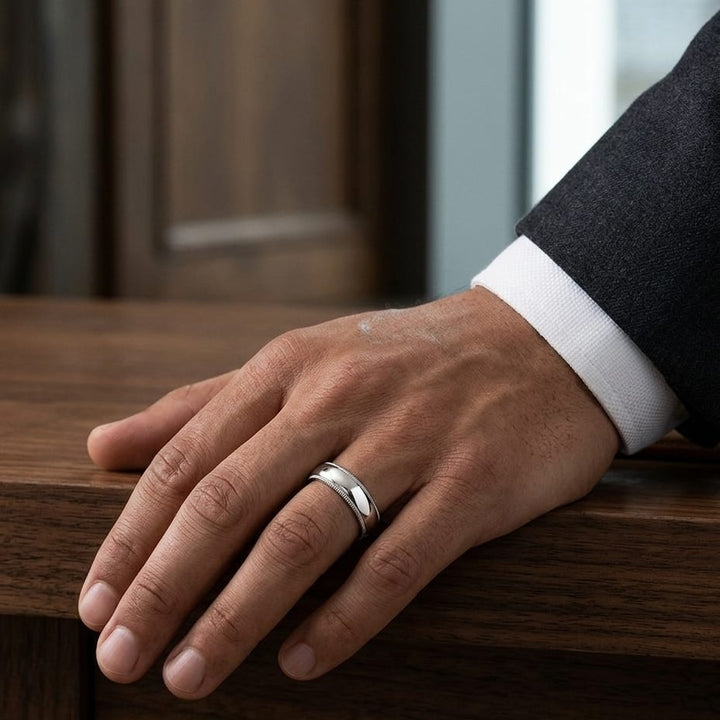 6mm Slightly Domed Traditional Oval Milgrain Wedding Band in Platinum, worn on hand, masculine full view