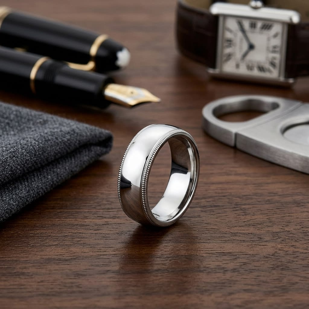6mm Slightly Domed Traditional Oval Milgrain Wedding Band in Platinum, on walnut surface with pocket square