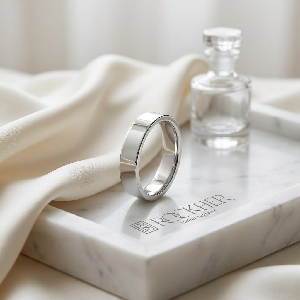 4mm Flat Comfort-Fit Wedding Band in Platinum, on marble vanity tray with silk