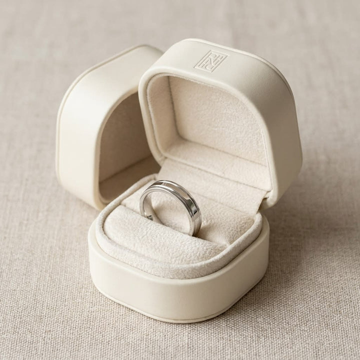 4mm Flat Comfort-Fit Wedding Band in Platinum, in navy velvet jewelry box