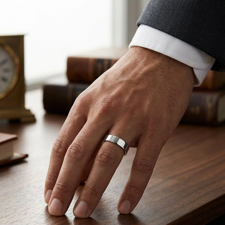 6mm Flat Comfort-Fit Wedding Band in Platinum, worn on hand, masculine full view