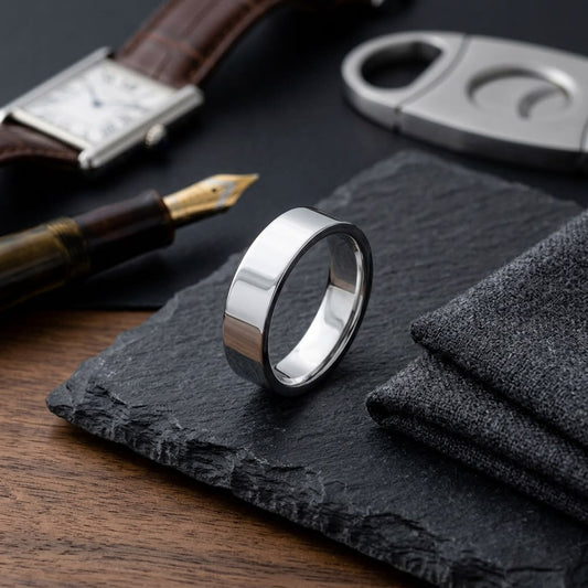 6mm Flat Comfort-Fit Wedding Band in Platinum, on walnut surface with pocket square
