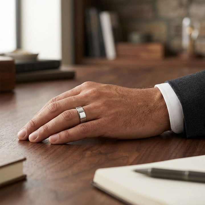 8mm Flat Comfort-Fit Wedding Band in Platinum, worn on hand, masculine full view