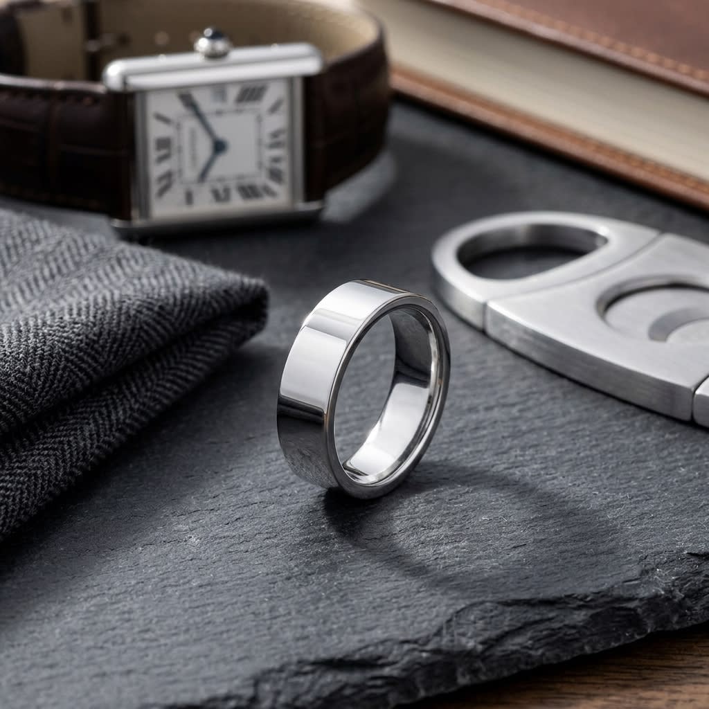 8mm Flat Comfort-Fit Wedding Band in Platinum, on walnut surface with pocket square