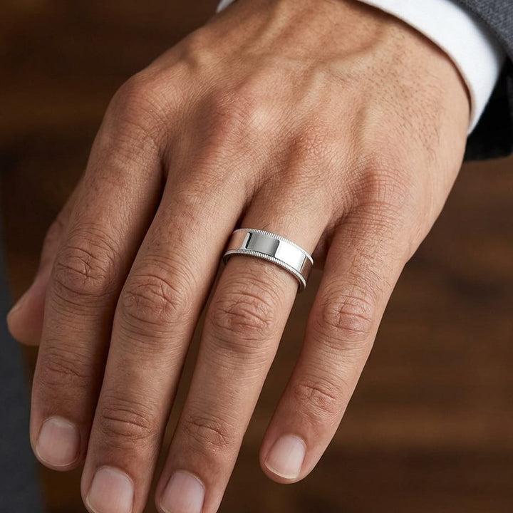 6mm Flat Milgrain Comfort-Fit Wedding Band in Platinum, worn on hand, masculine close-up