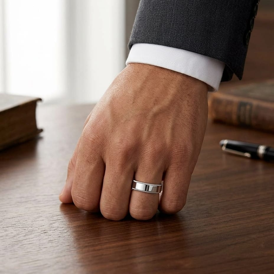 6mm Flat Milgrain Comfort-Fit Wedding Band in Platinum, worn on hand, masculine full view
