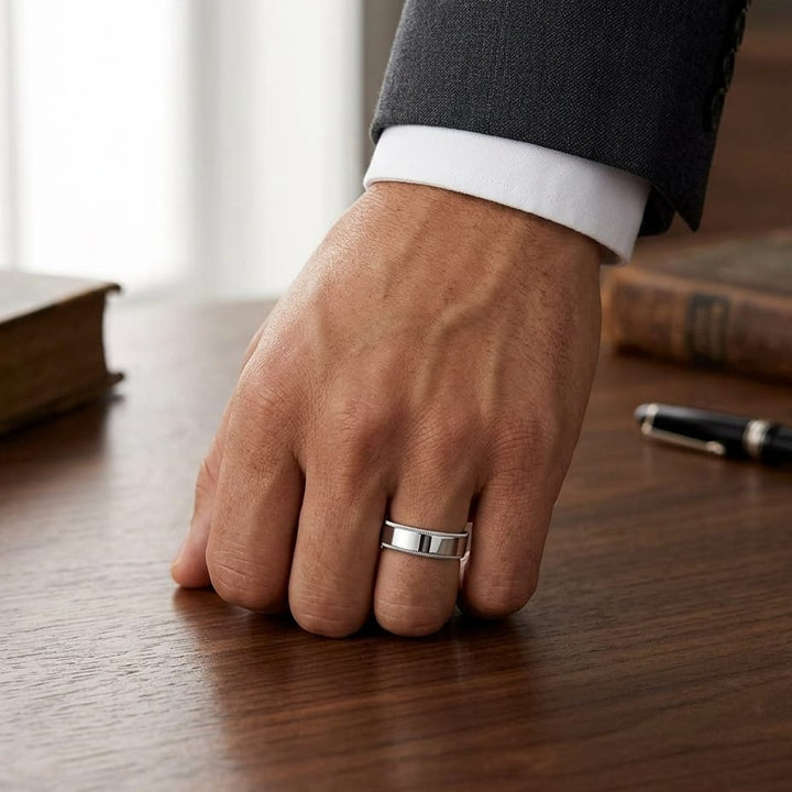 6mm Flat Milgrain Comfort-Fit Wedding Band in Platinum, worn on hand, masculine full view