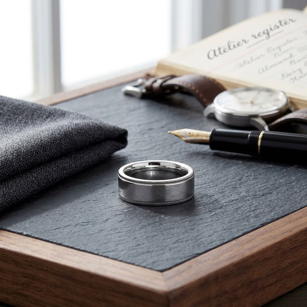 6mm Flat Milgrain Comfort-Fit Wedding Band in Platinum, on walnut surface with pocket square