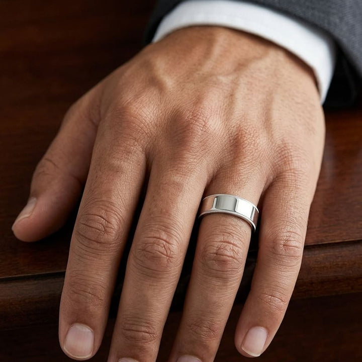 8mm Flat Milgrain Comfort-Fit Wedding Band in Platinum, worn on hand, masculine close-up