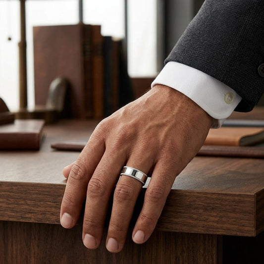 8mm Flat Milgrain Comfort-Fit Wedding Band in Platinum, worn on hand, masculine full view
