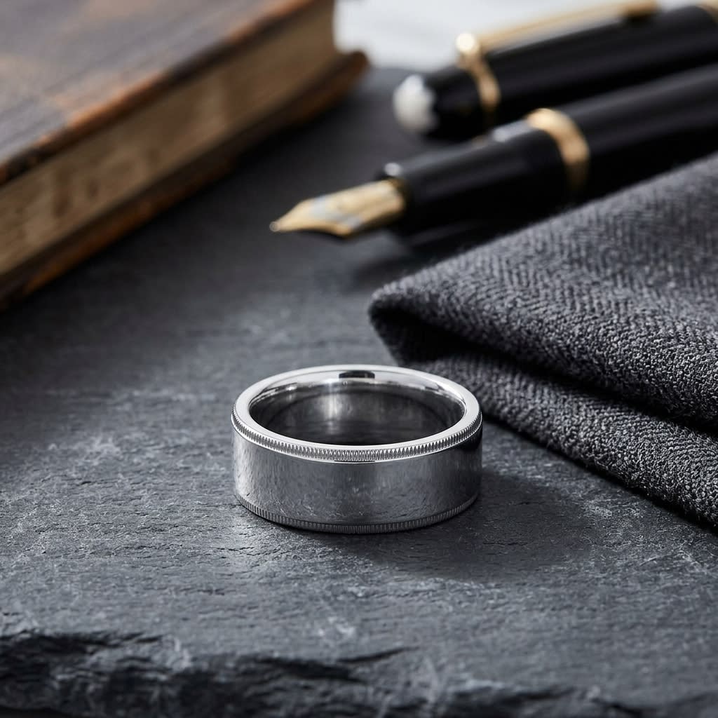 8mm Flat Milgrain Comfort-Fit Wedding Band in Platinum, on walnut surface with pocket square