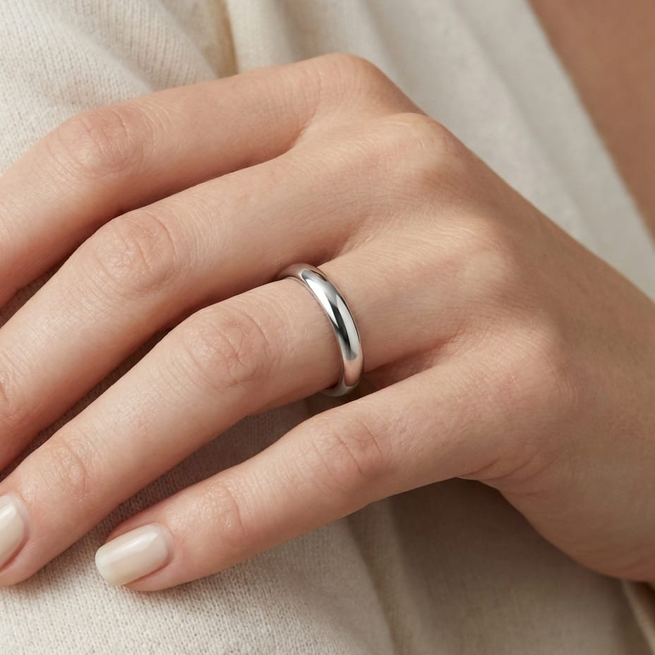 3.5mm Flat Comfort-Fit Wedding Band in Platinum, worn on hand, close-up