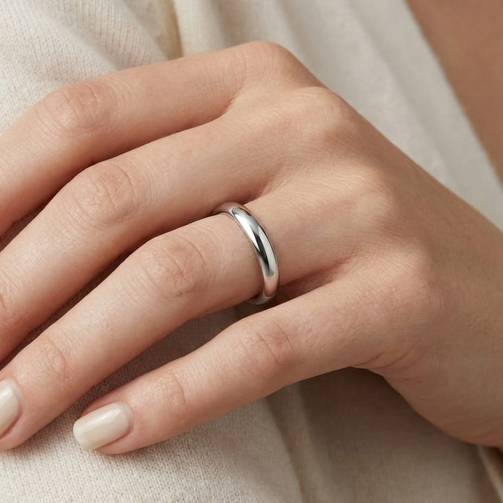 3.5mm Flat Comfort-Fit Wedding Band in Platinum, worn on hand, close-up