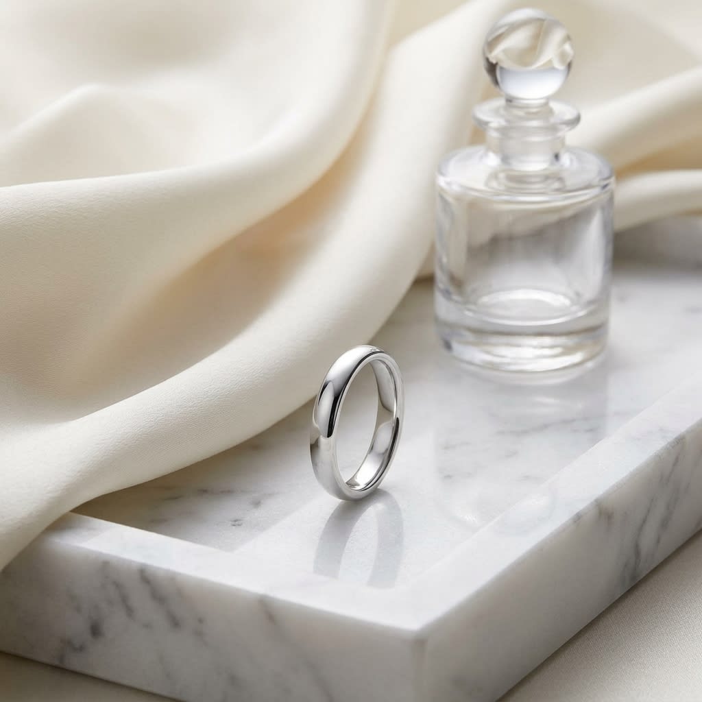 3.5mm Flat Comfort-Fit Wedding Band in Platinum, on marble vanity tray with silk