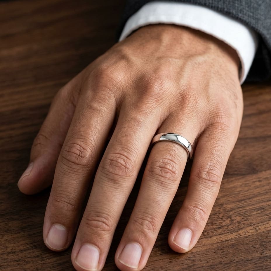 4.5mm Deluxe Comfort-Fit Wedding Band in Platinum, worn on hand, masculine close-up