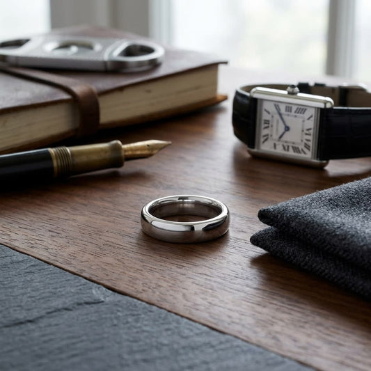 4.5mm Deluxe Comfort-Fit Wedding Band in Platinum, on walnut surface with pocket square