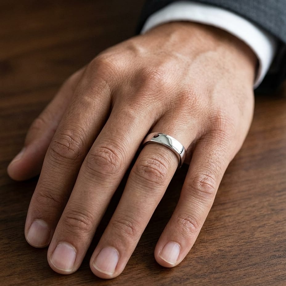 5.5mm Deluxe Comfort-Fit Wedding Band in Platinum, worn on hand, masculine close-up
