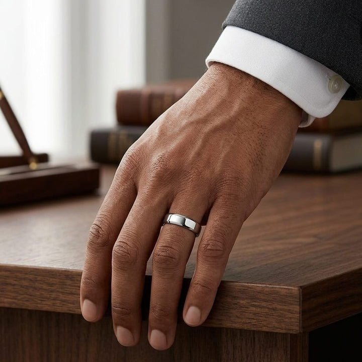 5.5mm Deluxe Comfort-Fit Wedding Band in Platinum, worn on hand, masculine full view