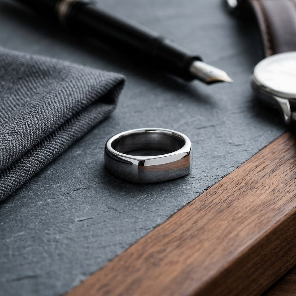 5.5mm Deluxe Comfort-Fit Wedding Band in Platinum, on walnut surface with pocket square