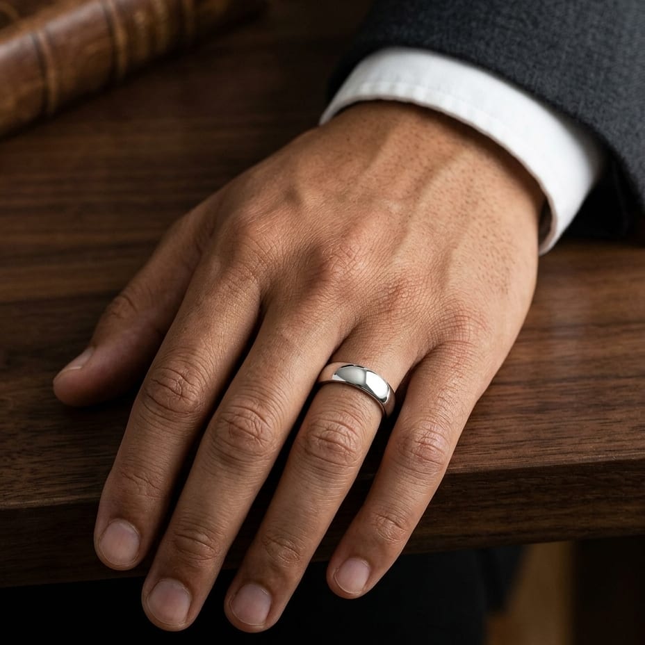 6.5mm Deluxe Comfort-Fit Wedding Band in Platinum, worn on hand, masculine full view