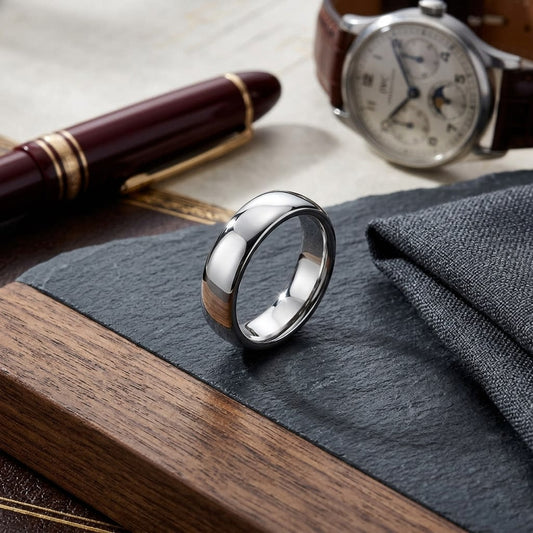 7.5mm Comfort-Fit Wedding Band in Platinum, on walnut surface with pocket square