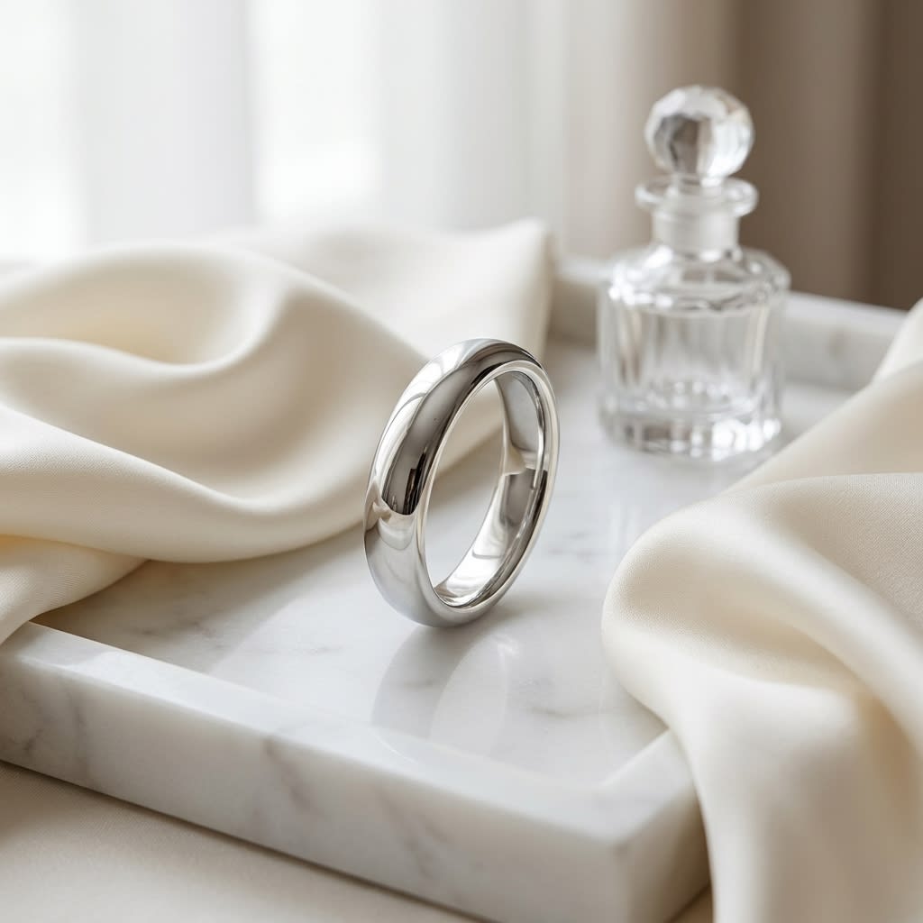 4mm High Dome Comfort-Fit Wedding Band in Platinum, on marble vanity tray with silk
